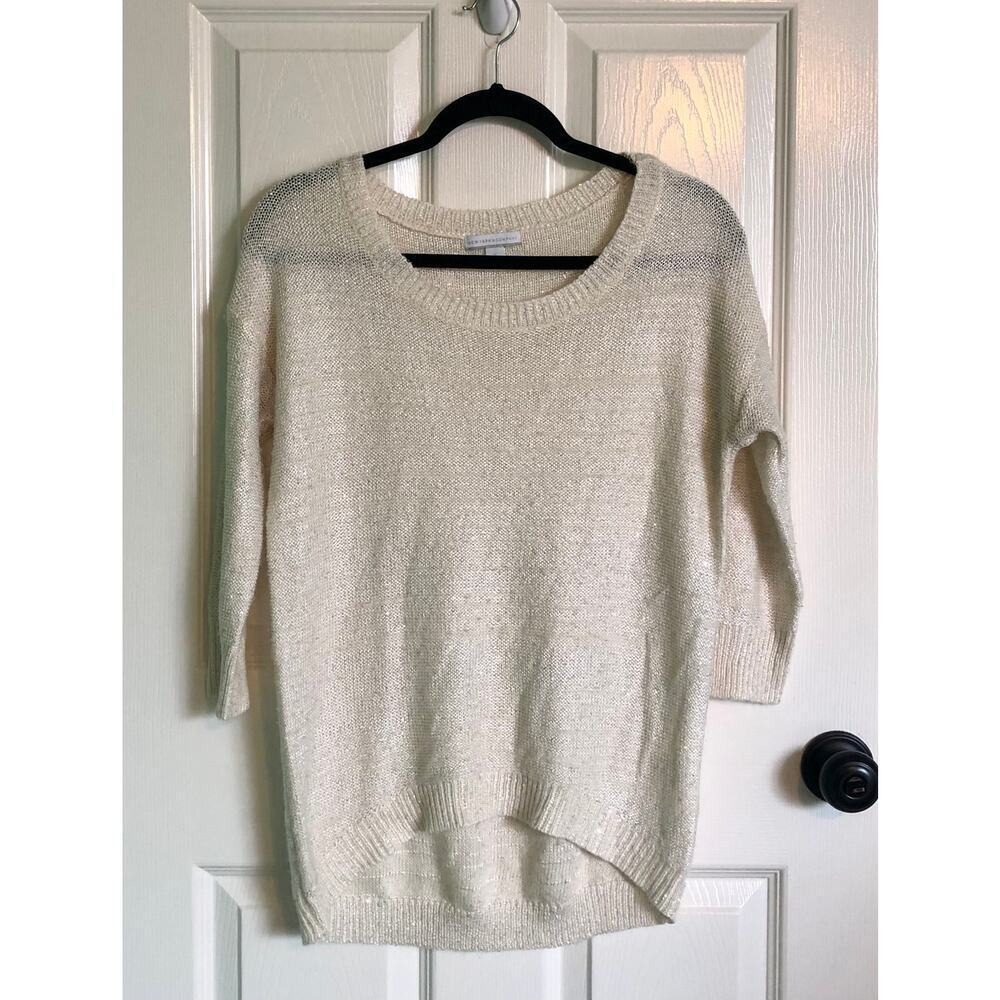 New York & Company Cream Lightly Striped 3/4 Sleeve Sequin Sweater - Medium